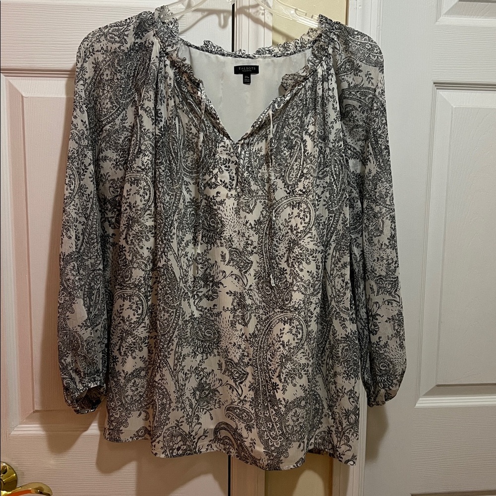 Talbots 2XP Black and White Paisley Tie-Neck Blouse